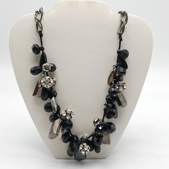 M. Haskell Black Silver Beaded Statement Necklace Rhinestone Accents Chunky Bib - Picture 1 of 7